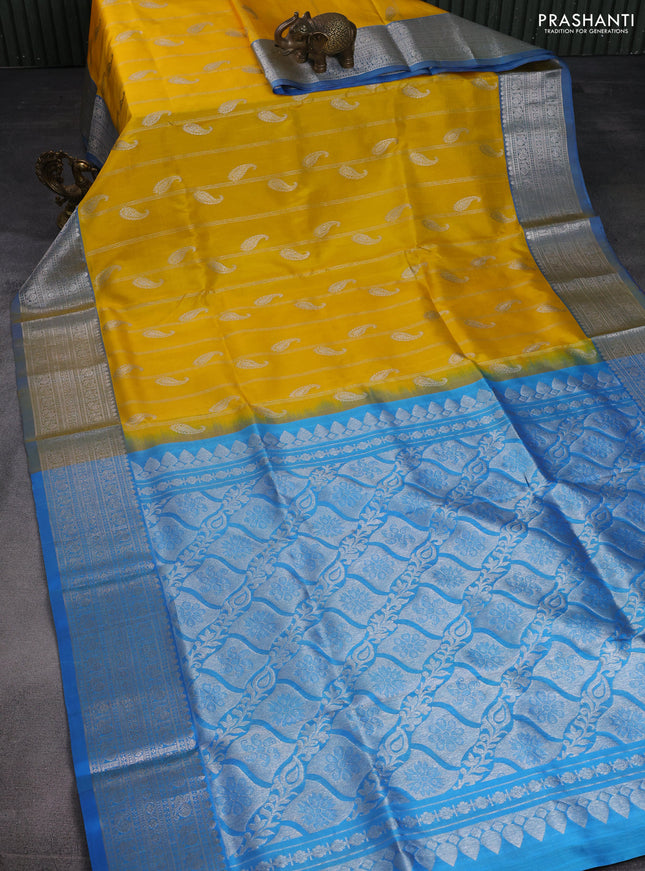 Venkatagiri silk saree yellow and blue with allover silver zari weaves & buttas and rich silver zari woven border