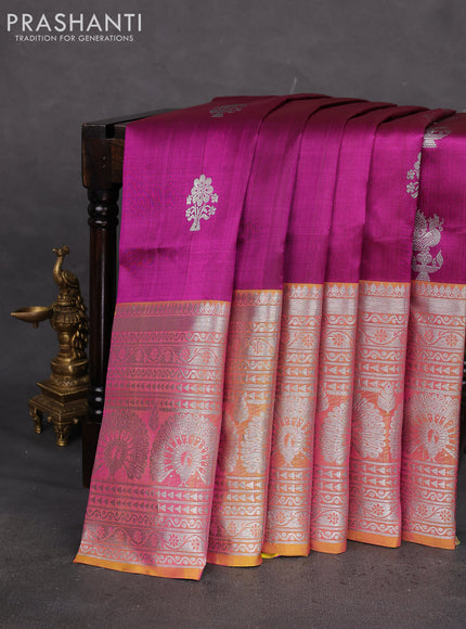 Venkatagiri silk saree purple and dual shade of yellow with silver zari woven buttas and long rich silver zari woven border