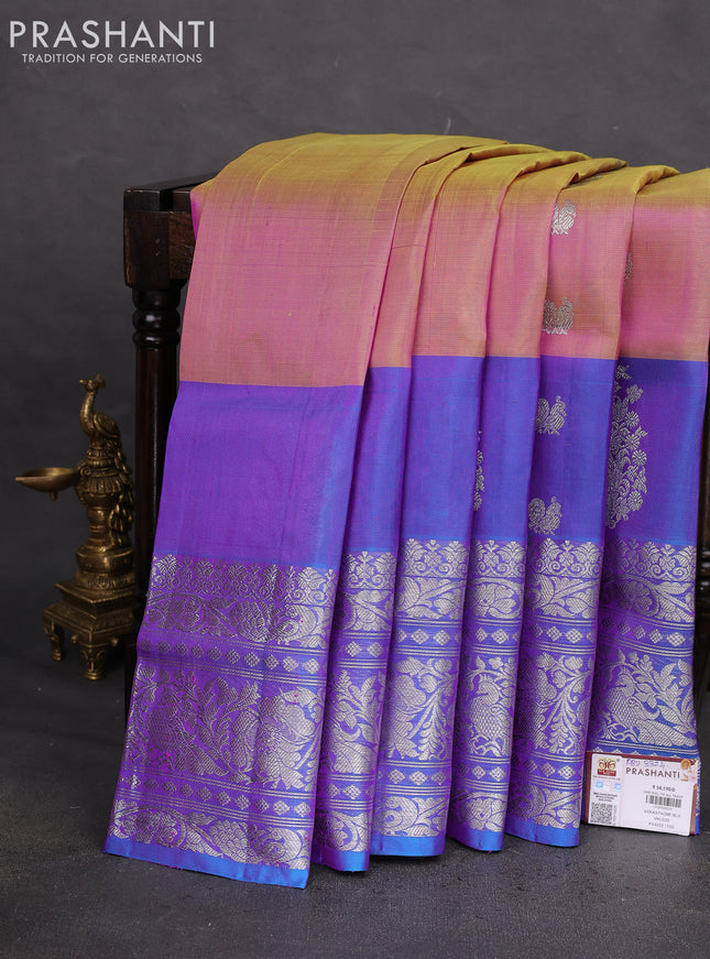 Venkatagiri silk saree dual shade of purple and dual shade of bluish purple with silver & gold zari woven annam buttas and long rich silver zari woven border