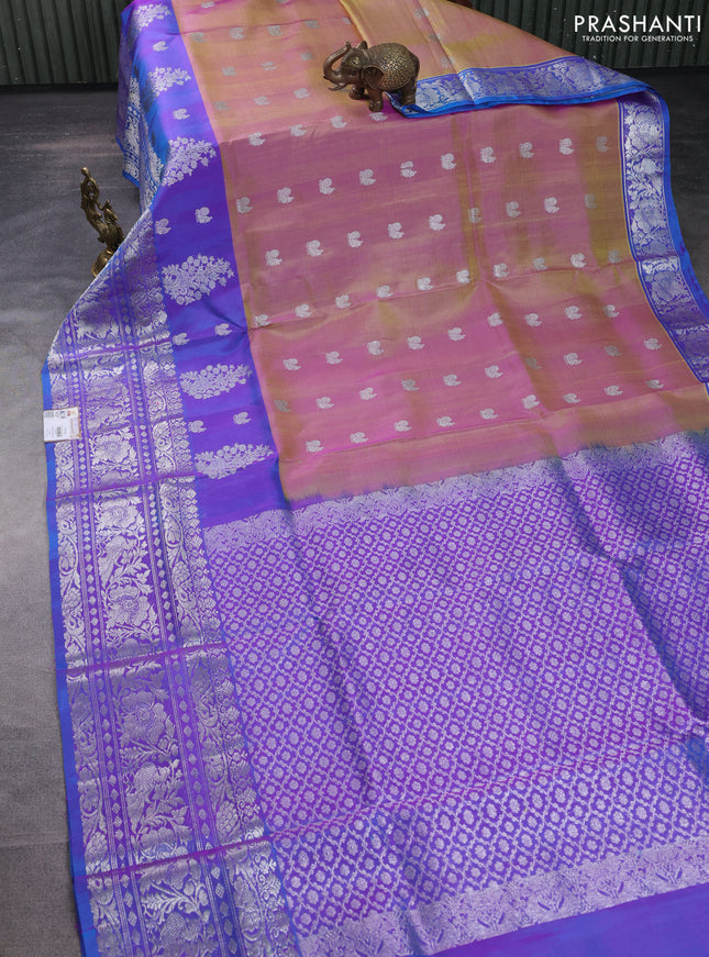 Venkatagiri silk saree dual shade of purple and dual shade of bluish purple with silver & gold zari woven annam buttas and long rich silver zari woven border