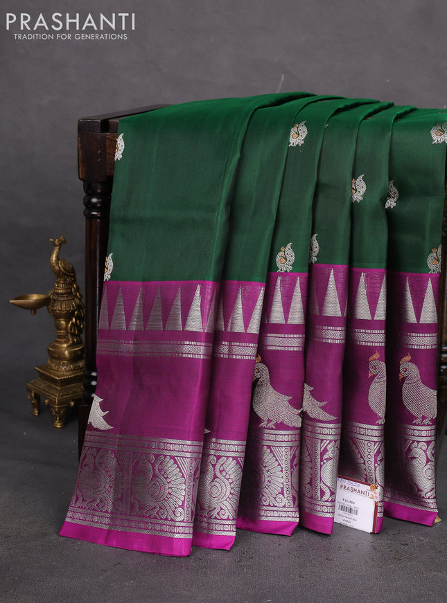 Venkatagiri silk saree green and purple with silver & gold zari woven annam buttas and long rich silver zari woven butta border