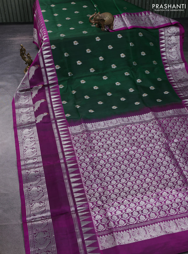 Venkatagiri silk saree green and purple with silver & gold zari woven annam buttas and long rich silver zari woven butta border