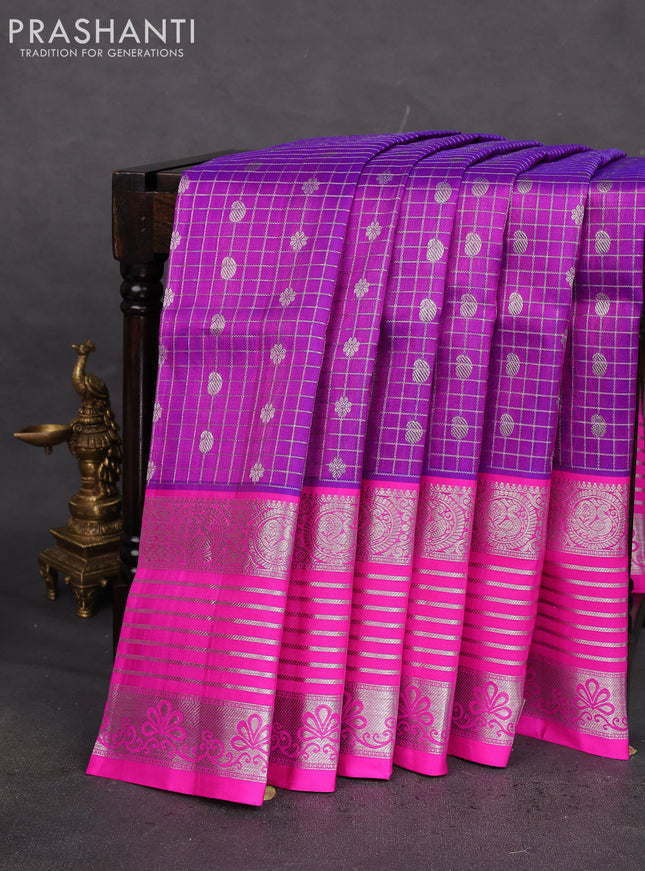 Venkatagiri silk saree purple and pink with allover silver zari checkes & buttas and long silver zari woven border