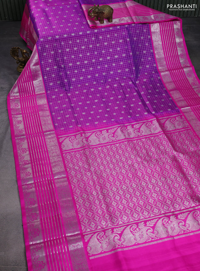 Venkatagiri silk saree purple and pink with allover silver zari checkes & buttas and long silver zari woven border