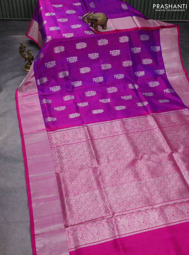 Venkatagiri silk saree purple and pink with silver zari woven buttas and silver zari woven border