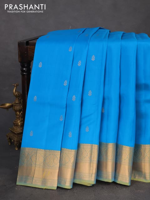 Kanchipuram silk saree cs blue and dual shade of green with zari woven buttas and zari woven border