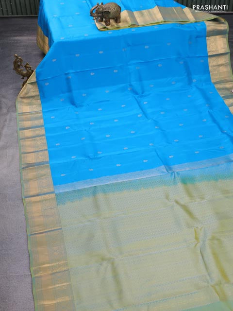 Kanchipuram silk saree cs blue and dual shade of green with zari woven buttas and zari woven border