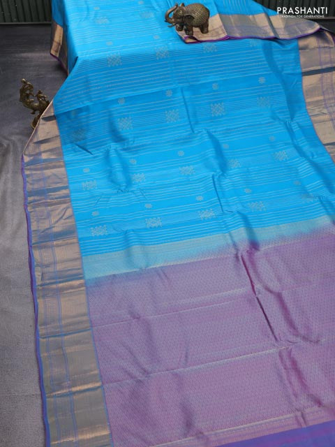 Kanchipuram silk saree cs blue and dual shade of purple with allover zari weaves and zari woven border