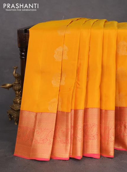 Kanchipuram silk saree mango yellow and dual shade of pink with zari woven buttas and zari woven border