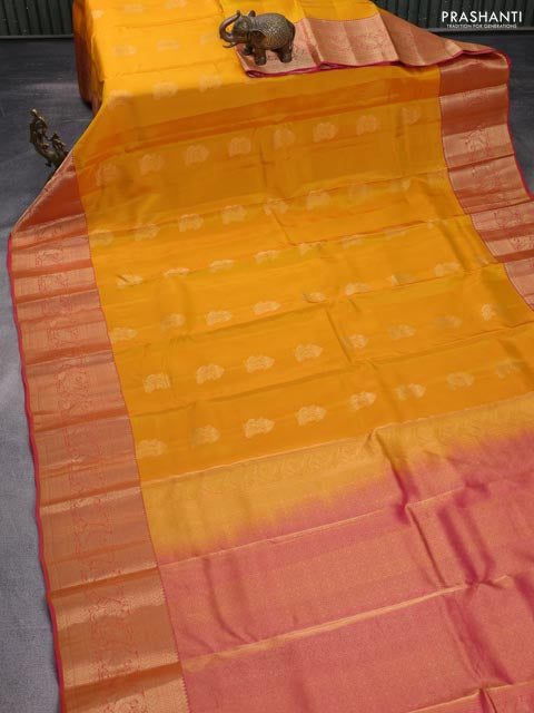 Kanchipuram silk saree mango yellow and dual shade of pink with zari woven buttas and zari woven border
