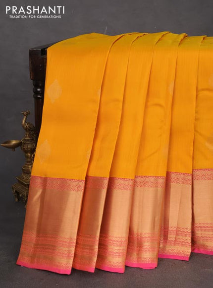 Kanchipuram silk saree mango yellow and pink with zari woven buttas and zari woven border
