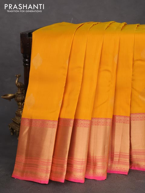 Kanchipuram silk saree mango yellow and pink with zari woven buttas and zari woven border