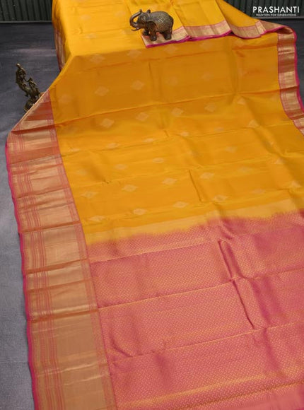 Kanchipuram silk saree mango yellow and pink with zari woven buttas and zari woven border