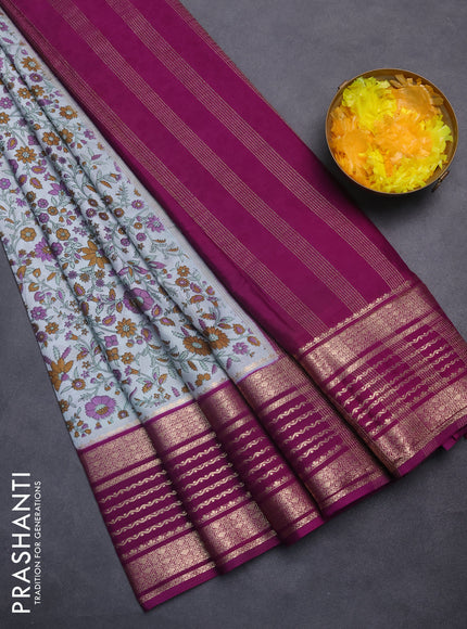 Semi mysore silk saree pastel blue and deep purple with allover kalamkari prints and zari owven border