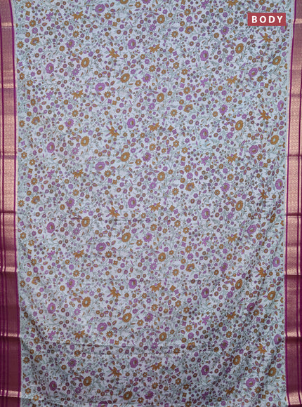 Semi mysore silk saree pastel blue and deep purple with allover kalamkari prints and zari owven border