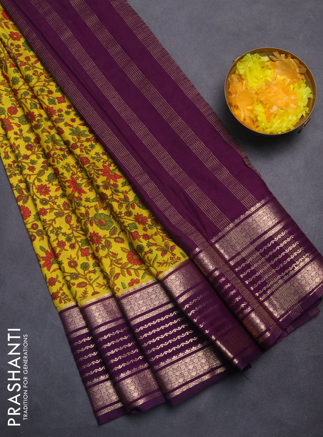 Semi mysore silk saree lime yellow and deep purple with allover kalamkari prints and zari owven border