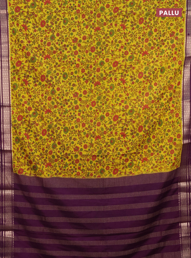 Semi mysore silk saree lime yellow and deep purple with allover kalamkari prints and zari owven border