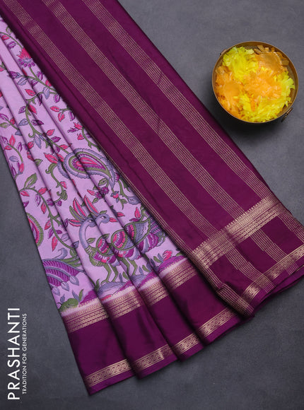 Semi mysore silk saree lavender and deep purple with allover kalamkari prints and rettapet zari woven border