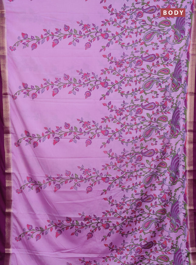 Semi mysore silk saree lavender and deep purple with allover kalamkari prints and rettapet zari woven border