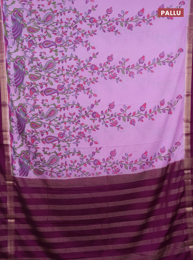 Semi mysore silk saree lavender and deep purple with allover kalamkari prints and rettapet zari woven border