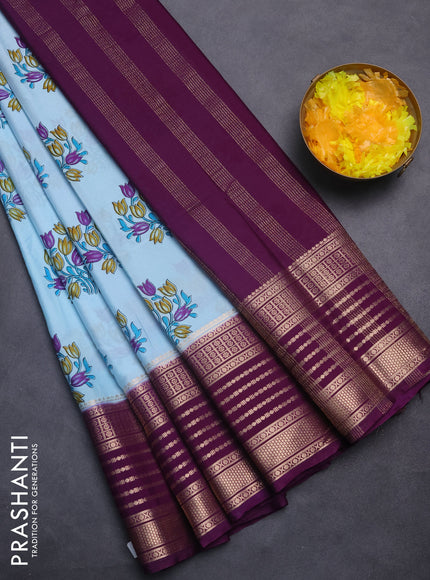 Semi mysore silk saree light blue and deep purple with floral butta prints and zari woven border