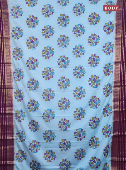 Semi mysore silk saree light blue and deep purple with floral butta prints and zari woven border