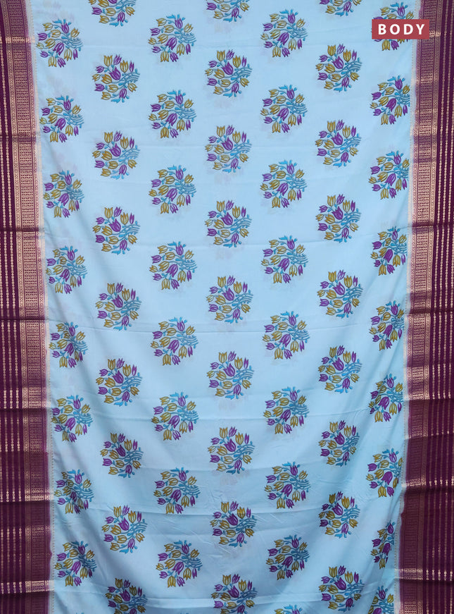 Semi mysore silk saree light blue and deep purple with floral butta prints and zari woven border
