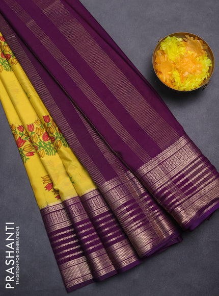 Semi mysore silk saree yellow and deep purple with floral butta prints and zari woven border