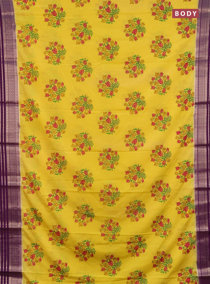Semi mysore silk saree yellow and deep purple with floral butta prints and zari woven border