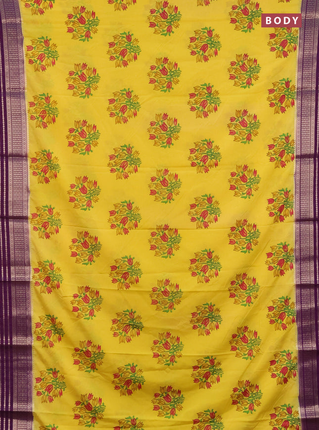 Semi mysore silk saree yellow and deep purple with floral butta prints and zari woven border