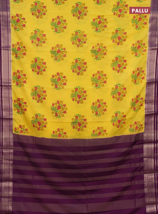 Semi mysore silk saree yellow and deep purple with floral butta prints and zari woven border