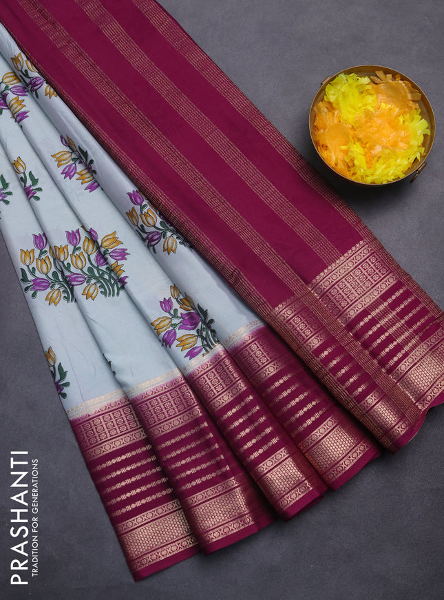 Semi mysore silk saree pastel blue and deep purple with floral butta prints and zari woven border