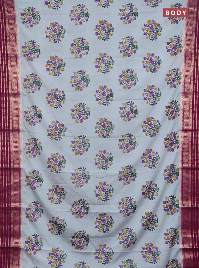 Semi mysore silk saree pastel blue and deep purple with floral butta prints and zari woven border