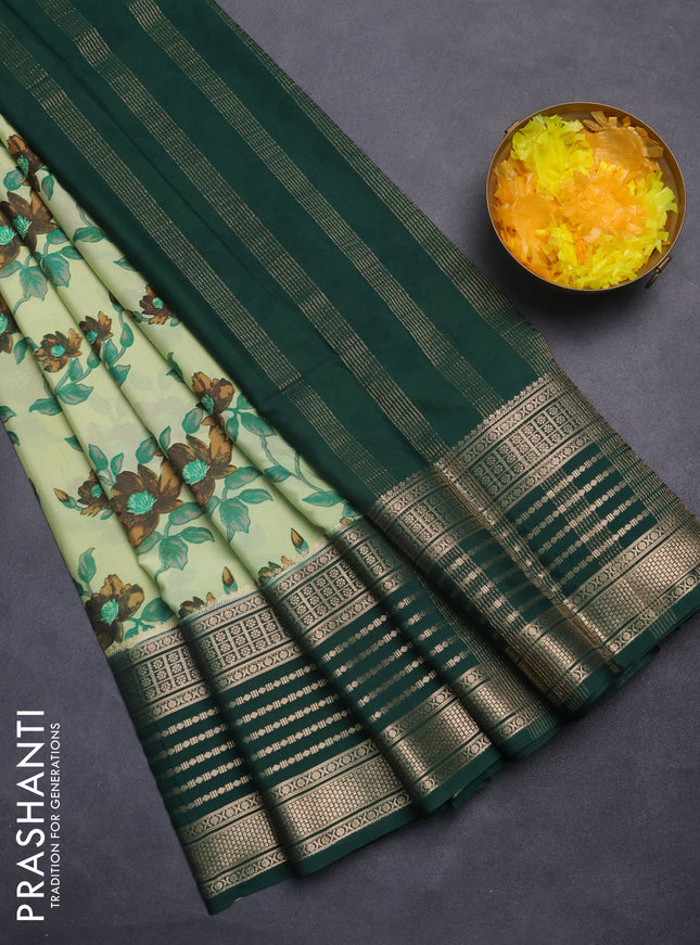 Semi mysore silk saree pista green and green with allover floral prints and zari woven border