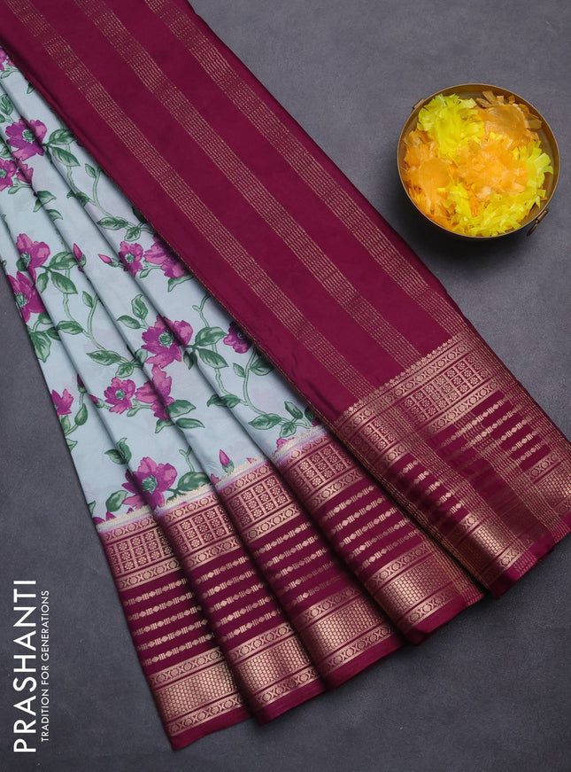 Semi mysore silk saree pastel blue and purple with allover floral prints and zari woven border