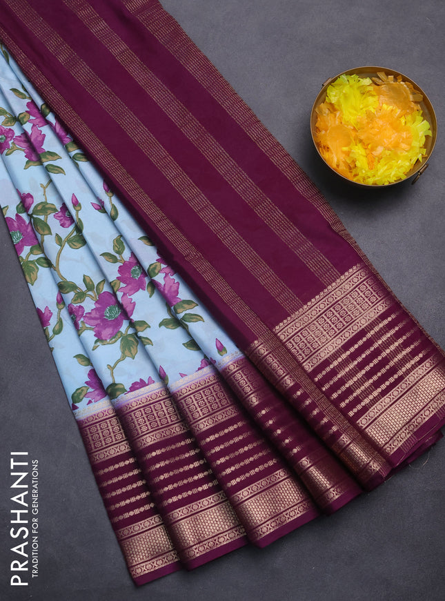 Semi mysore silk saree pastel blue and deep purple with allover floral prints and zari woven border