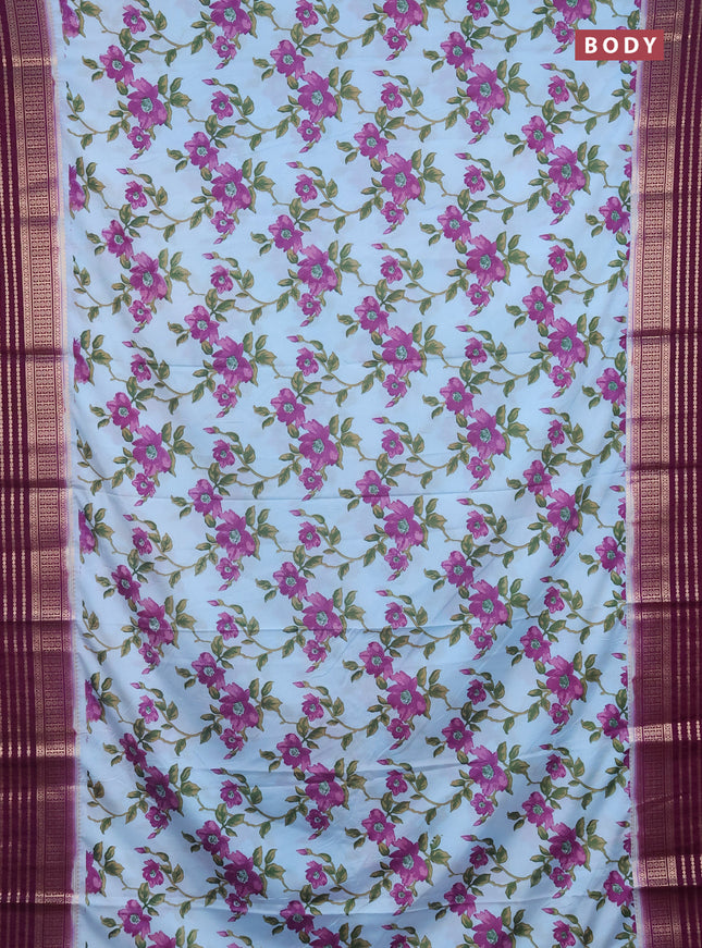 Semi mysore silk saree pastel blue and deep purple with allover floral prints and zari woven border