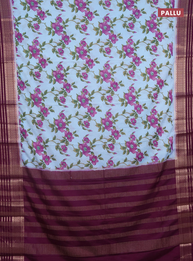 Semi mysore silk saree pastel blue and deep purple with allover floral prints and zari woven border