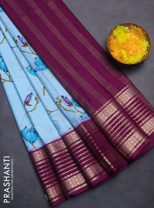Semi mysore silk saree light blue and purple with allover floral prints and zari woven border