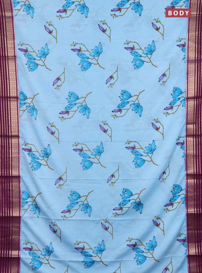 Semi mysore silk saree light blue and purple with allover floral prints and zari woven border