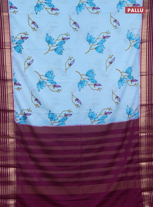 Semi mysore silk saree light blue and purple with allover floral prints and zari woven border