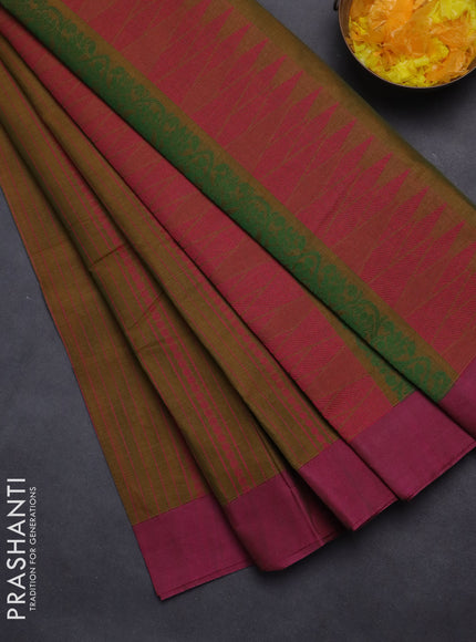 Nithyam cotton saree dark mustard and dark magenta pink with allover thread weaves and simple border