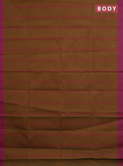 Nithyam cotton saree dark mustard and dark magenta pink with allover thread weaves and simple border