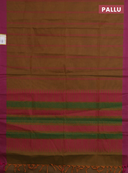 Nithyam cotton saree dark mustard and dark magenta pink with allover thread weaves and simple border