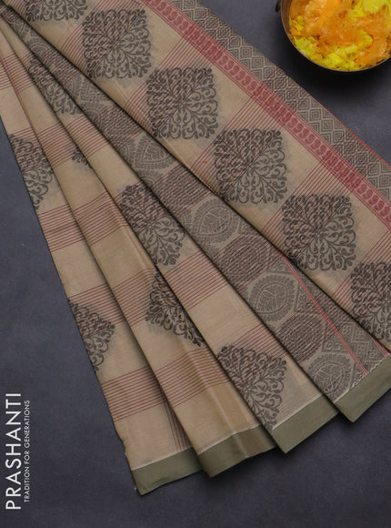 Nithyam cotton saree sandal and sap green with thread & zari woven buttas and simple border