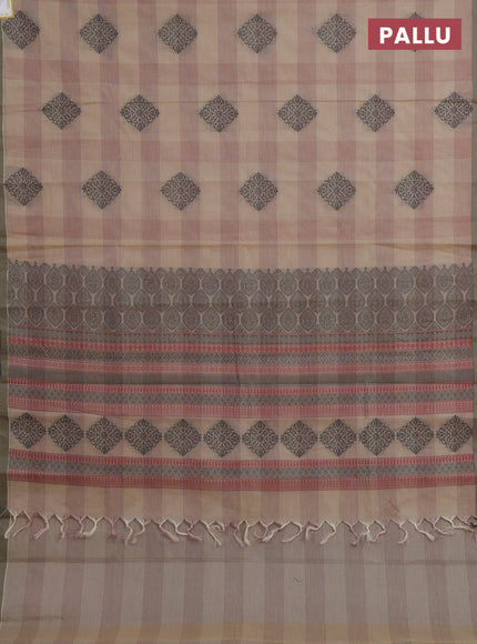 Nithyam cotton saree sandal and sap green with thread & zari woven buttas and simple border