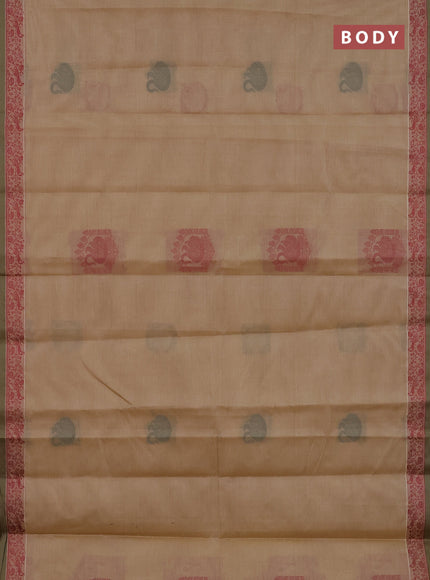 Nithyam cotton saree sandal and sap green shade with thread woven buttas and thread woven simple border