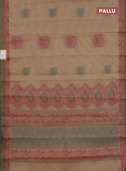 Nithyam cotton saree sandal and sap green shade with thread woven buttas and thread woven simple border