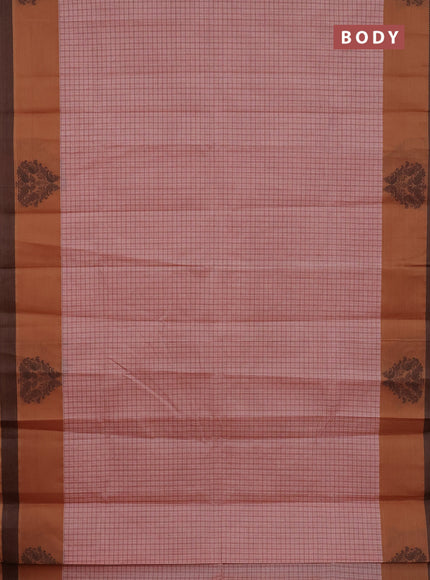 Nithyam cotton saree pastel peach and dark sandal with allover checked pattern and thread woven border