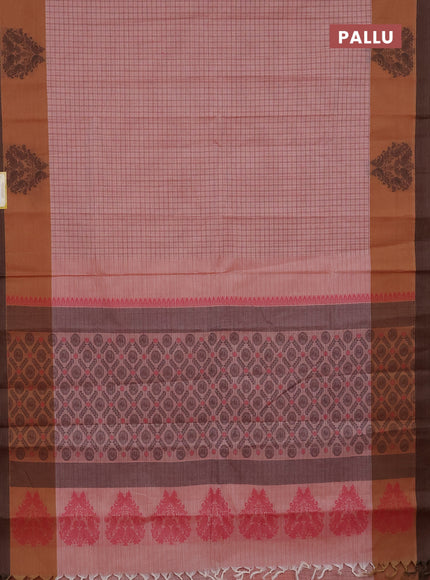 Nithyam cotton saree pastel peach and dark sandal with allover checked pattern and thread woven border
